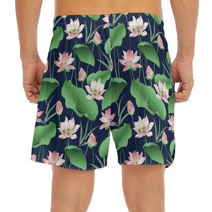Flower And Leaf Lotus Pattern Print Men's Split Running Shorts