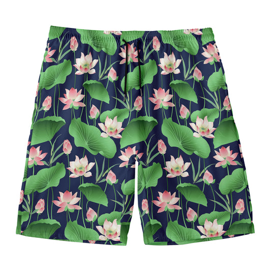 Flower And Leaf Lotus Pattern Print Men's Swim Trunks