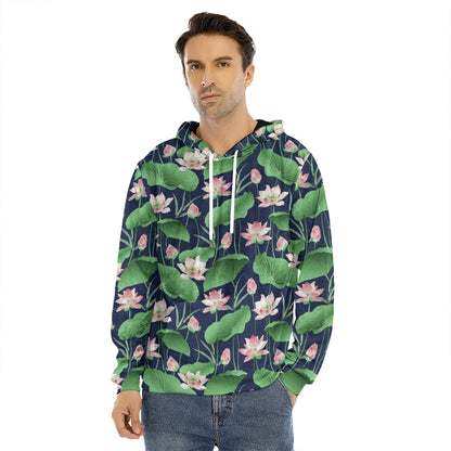 Flower And Leaf Lotus Pattern Print Men's Velvet Pullover Hoodie