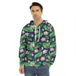Flower And Leaf Lotus Pattern Print Men's Velvet Pullover Hoodie