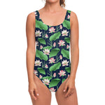 Flower And Leaf Lotus Pattern Print One Piece Swimsuit