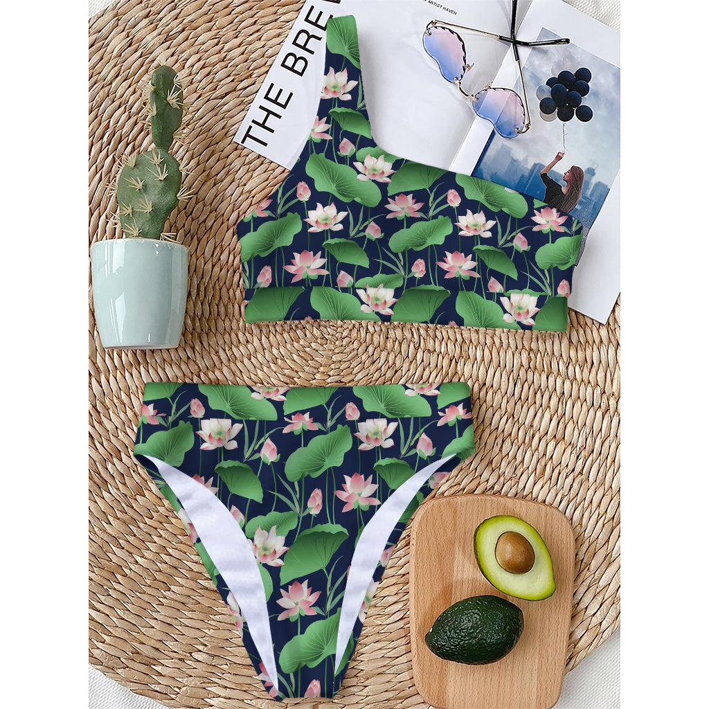Flower And Leaf Lotus Pattern Print One Shoulder Bikini Top