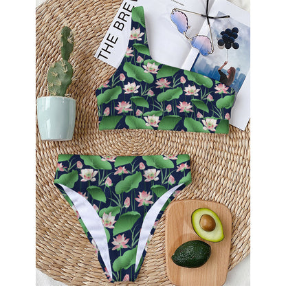 Flower And Leaf Lotus Pattern Print One Shoulder Bikini Top