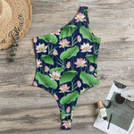 Flower And Leaf Lotus Pattern Print One Shoulder Bodysuit