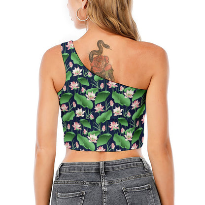 Flower And Leaf Lotus Pattern Print One Shoulder Crop Top