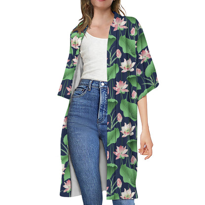 Flower And Leaf Lotus Pattern Print Open Front Beach Cover Up