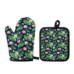 Flower And Leaf Lotus Pattern Print Oven Mitt And Pot Holder Set