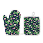 Flower And Leaf Lotus Pattern Print Oven Mitt And Pot Holder Set