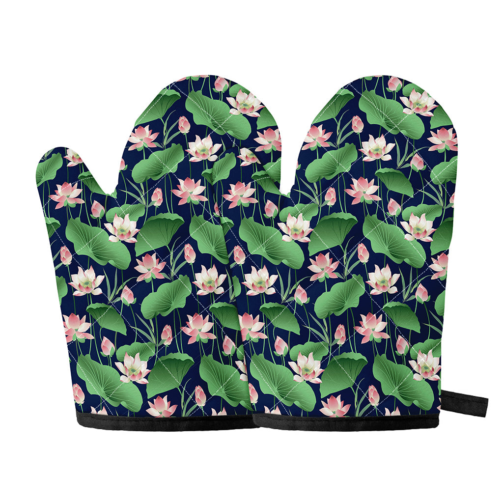 Flower And Leaf Lotus Pattern Print Oven Mitts