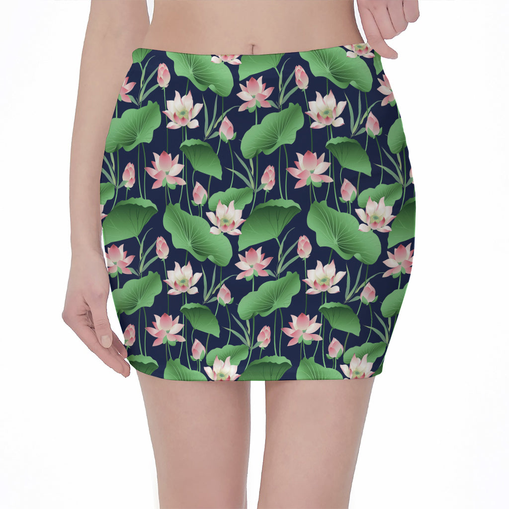 Flower And Leaf Lotus Pattern Print Pencil Mini Skirt