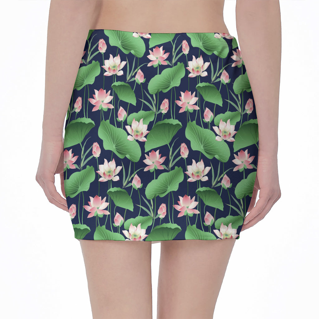 Flower And Leaf Lotus Pattern Print Pencil Mini Skirt