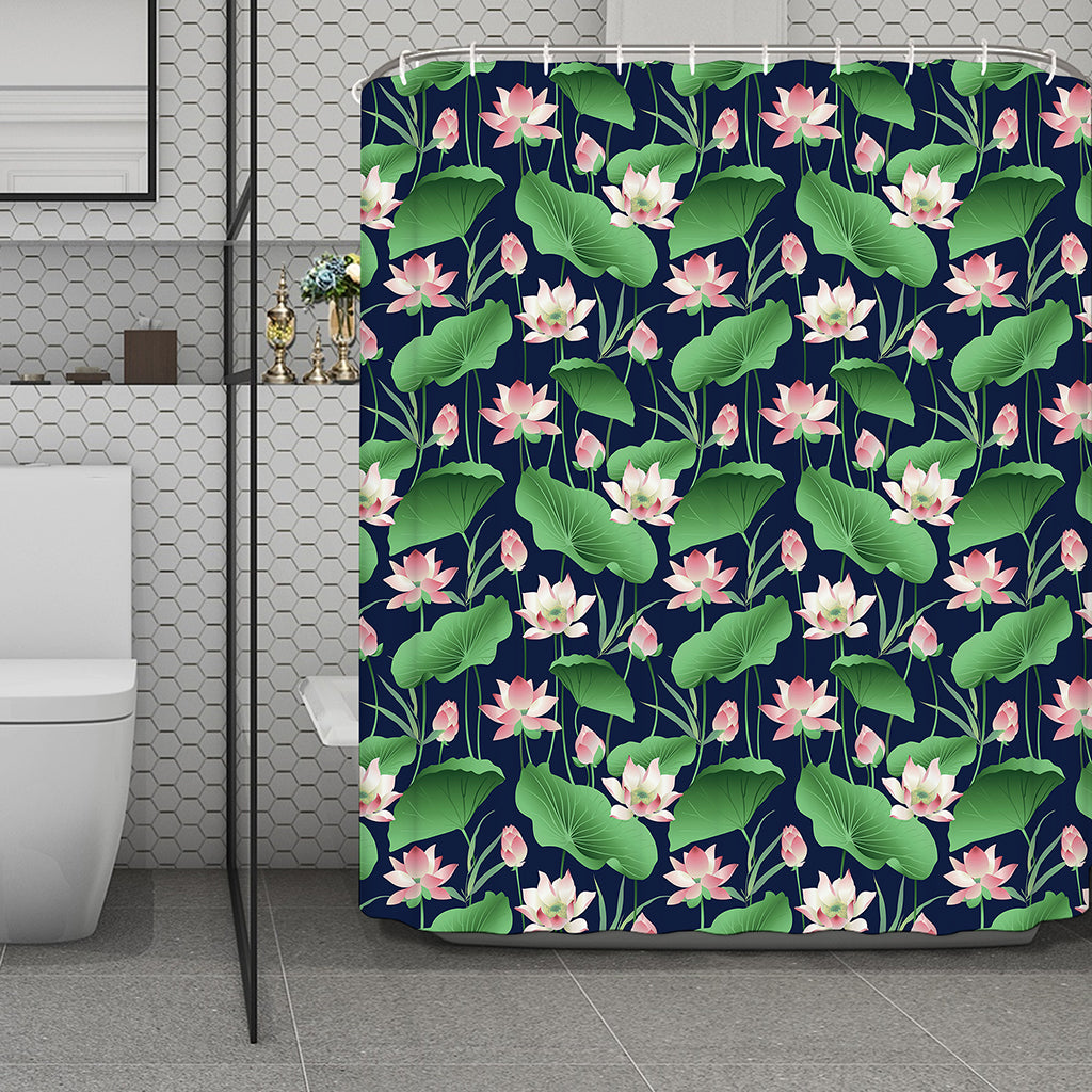 Flower And Leaf Lotus Pattern Print Polyester Shower Curtain