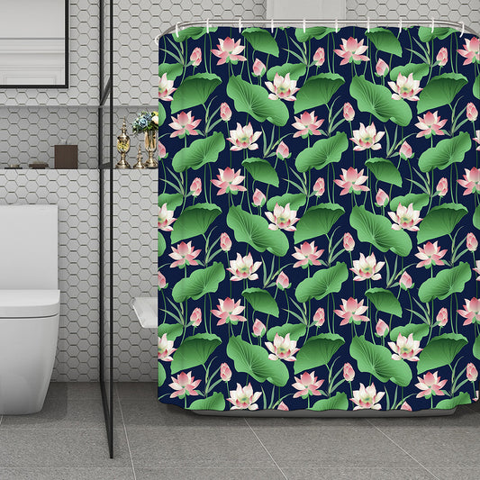 Flower And Leaf Lotus Pattern Print Polyester Shower Curtain