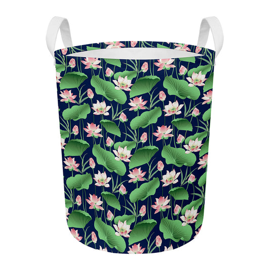 Flower And Leaf Lotus Pattern Print Round Laundry Basket