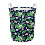 Flower And Leaf Lotus Pattern Print Round Laundry Basket