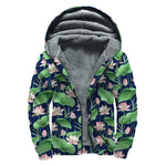 Flower And Leaf Lotus Pattern Print Sherpa Lined Zip Up Hoodie