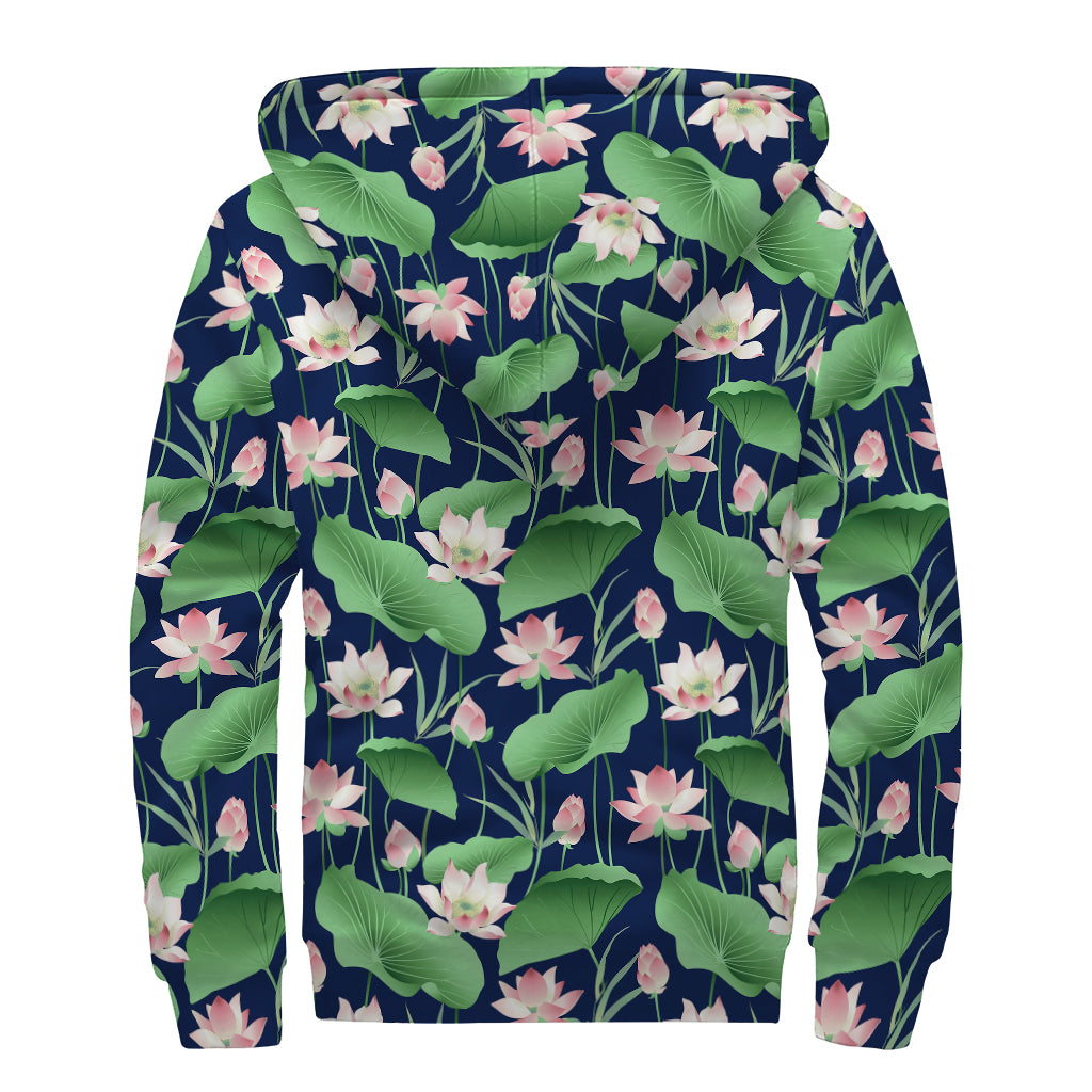 Flower And Leaf Lotus Pattern Print Sherpa Lined Zip Up Hoodie