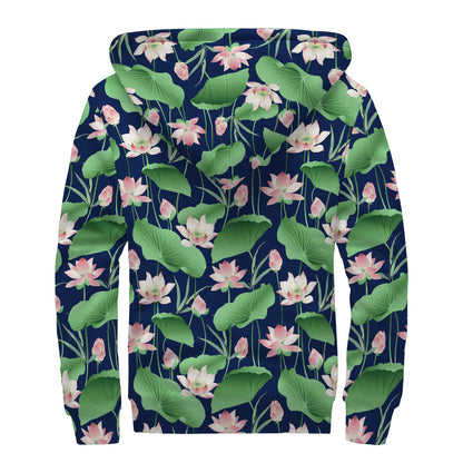 Flower And Leaf Lotus Pattern Print Sherpa Lined Zip Up Hoodie