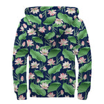 Flower And Leaf Lotus Pattern Print Sherpa Lined Zip Up Hoodie