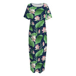 Flower And Leaf Lotus Pattern Print Short Sleeve Long Nightdress