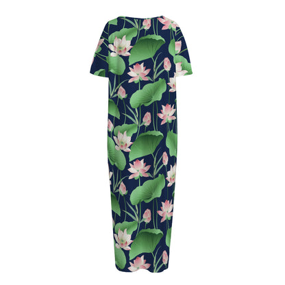 Flower And Leaf Lotus Pattern Print Short Sleeve Long Nightdress