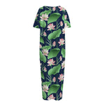 Flower And Leaf Lotus Pattern Print Short Sleeve Long Nightdress
