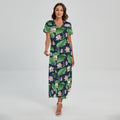 Flower And Leaf Lotus Pattern Print Short Sleeve Maxi Dress