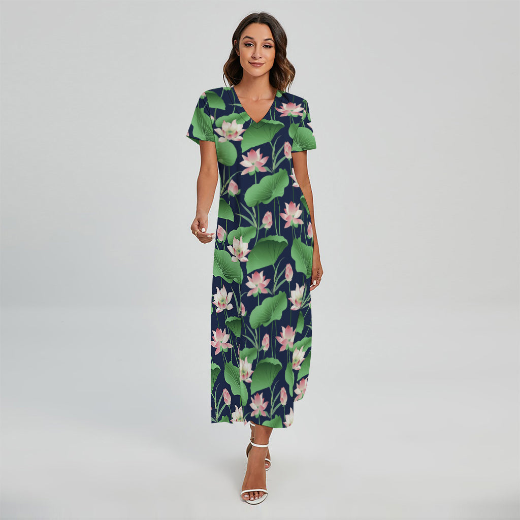 Flower And Leaf Lotus Pattern Print Short Sleeve Maxi Dress