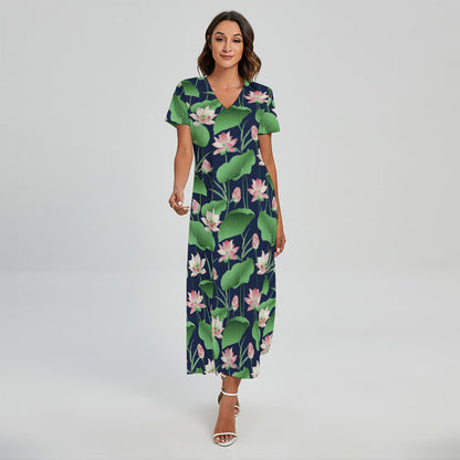 Flower And Leaf Lotus Pattern Print Short Sleeve Maxi Dress