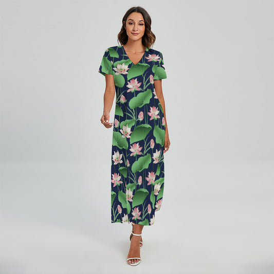 Flower And Leaf Lotus Pattern Print Short Sleeve Maxi Dress