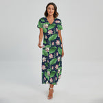 Flower And Leaf Lotus Pattern Print Short Sleeve Maxi Dress