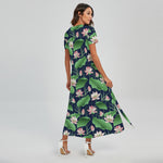 Flower And Leaf Lotus Pattern Print Short Sleeve Maxi Dress