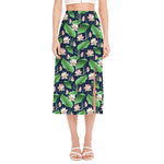 Flower And Leaf Lotus Pattern Print Side Slit Midi Skirt
