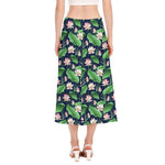 Flower And Leaf Lotus Pattern Print Side Slit Midi Skirt