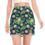 Flower And Leaf Lotus Pattern Print Side Slit Mini Skirt