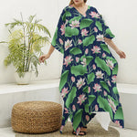 Flower And Leaf Lotus Pattern Print Silk V-Neck Kaftan Dress
