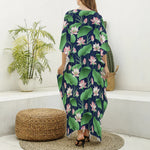 Flower And Leaf Lotus Pattern Print Silk V-Neck Kaftan Dress