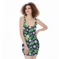 Flower And Leaf Lotus Pattern Print Sleeveless Bodycon Dress