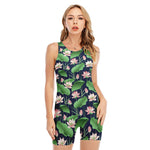 Flower And Leaf Lotus Pattern Print Sleeveless One Piece Swimsuit