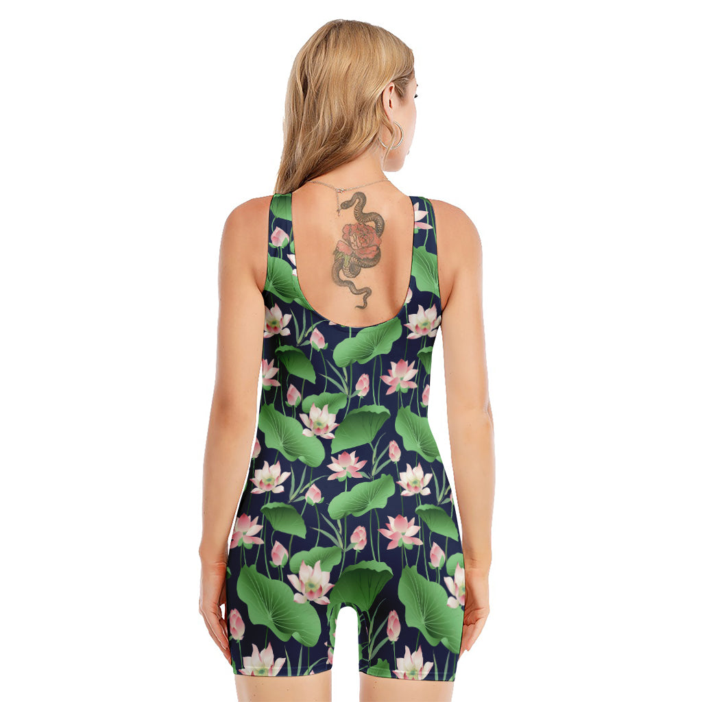 Flower And Leaf Lotus Pattern Print Sleeveless One Piece Swimsuit