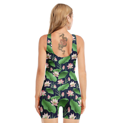 Flower And Leaf Lotus Pattern Print Sleeveless One Piece Swimsuit