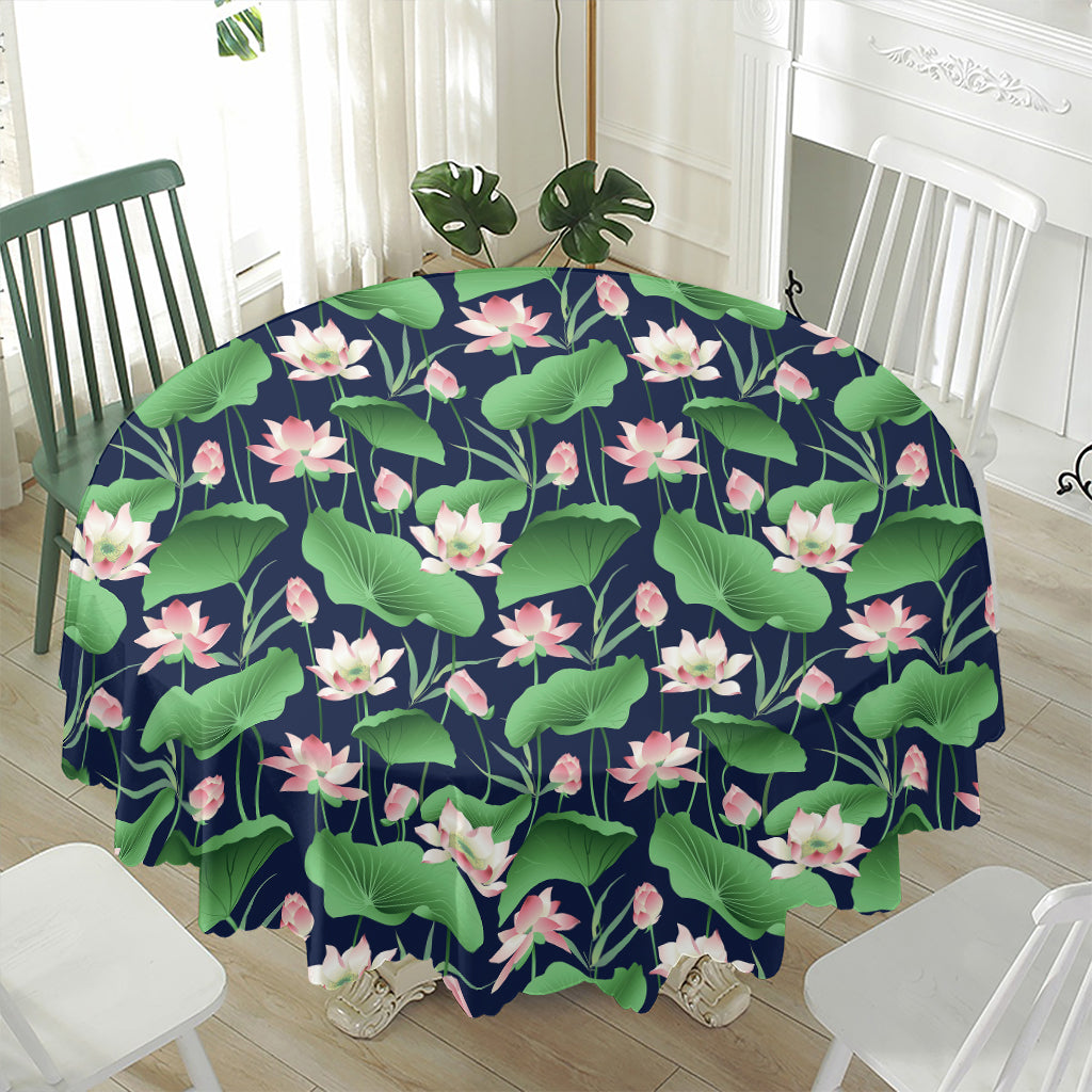 Flower And Leaf Lotus Pattern Print Waterproof Round Tablecloth