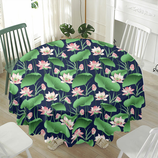 Flower And Leaf Lotus Pattern Print Waterproof Round Tablecloth