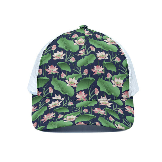 Flower And Leaf Lotus Pattern Print White Mesh Trucker Cap