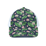 Flower And Leaf Lotus Pattern Print White Mesh Trucker Cap