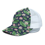 Flower And Leaf Lotus Pattern Print White Mesh Trucker Cap