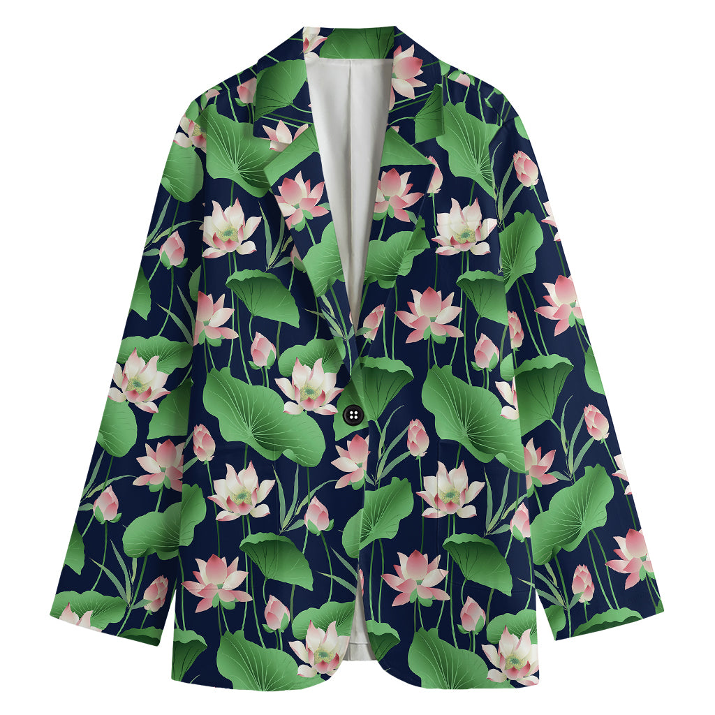 Flower And Leaf Lotus Pattern Print Women's Cotton Blazer