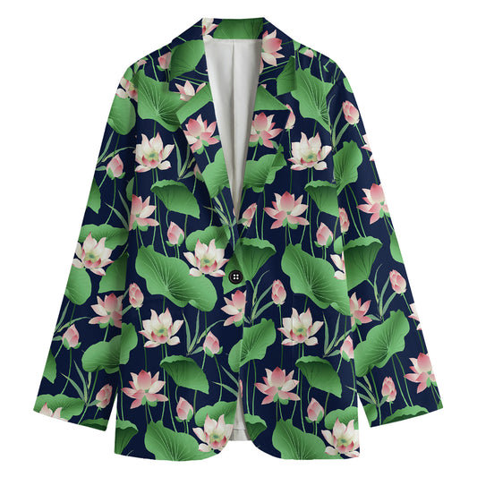 Flower And Leaf Lotus Pattern Print Women's Cotton Blazer