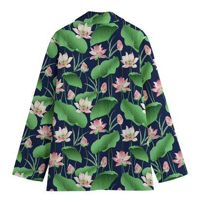 Flower And Leaf Lotus Pattern Print Women's Cotton Blazer