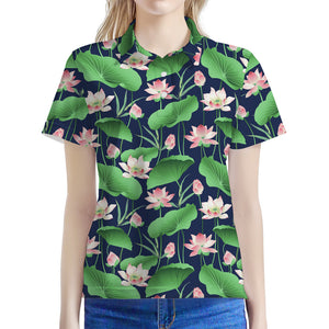 Flower And Leaf Lotus Pattern Print Women's Polo Shirt